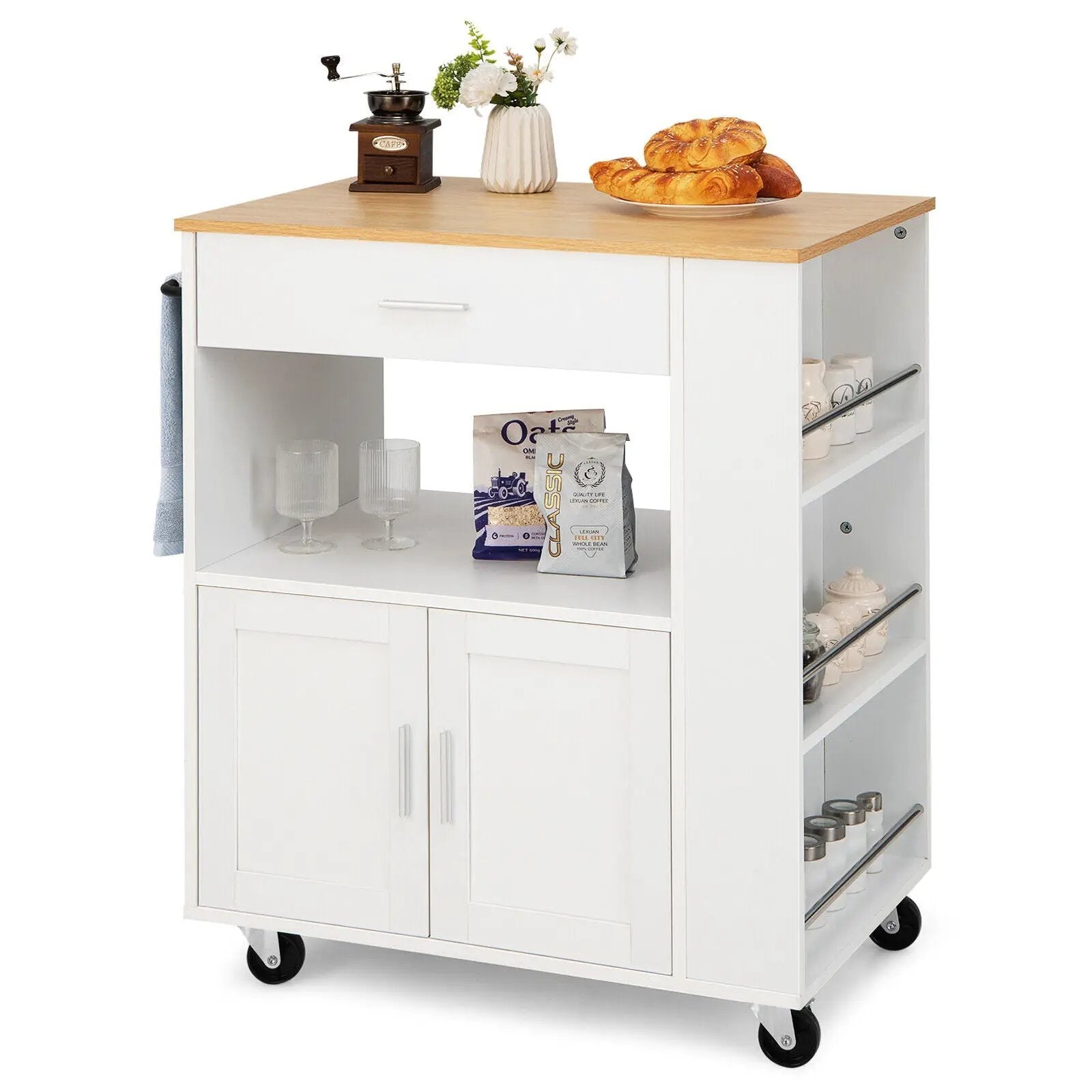 Rolling Kitchen Trolley with 3 Spice Racks Drawer and Open Shelf by DirectDeals