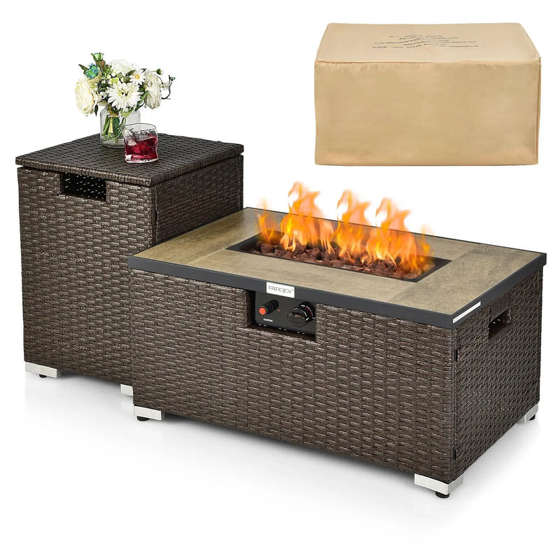 32 x 20 Inch Propane Rattan Fire Pit Table Set with Side Table Tank and Cover by DirectDeals
