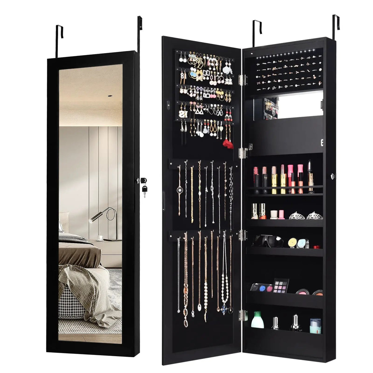 Lockable Wall Door Mounted Mirror Jewelry Cabinet w/LED Lights, photo 10 of 10