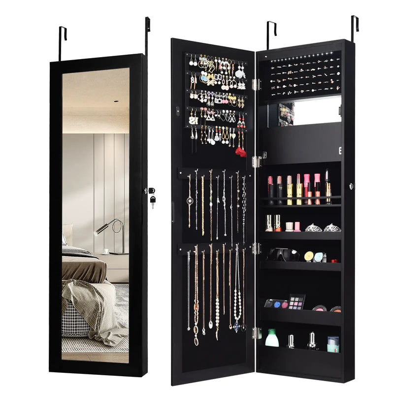 Lockable Wall Door Mounted Mirror Jewelry Cabinet w/LED Lights by DirectDeals