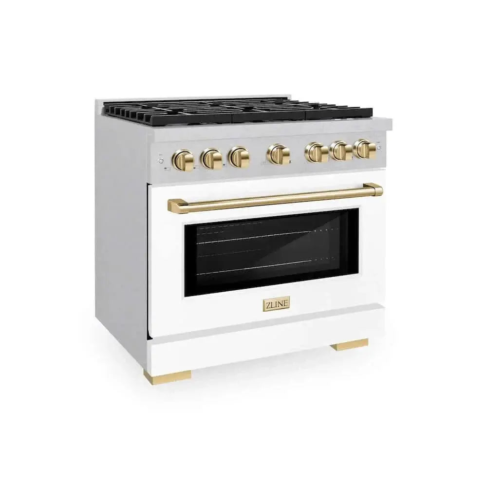 ZLINE 36"Gas Range, Convection Gas Oven, DuraSnow® White Matte, Gold SGRSZ-WM-36-G by Farmhouse Kitchen and Bath