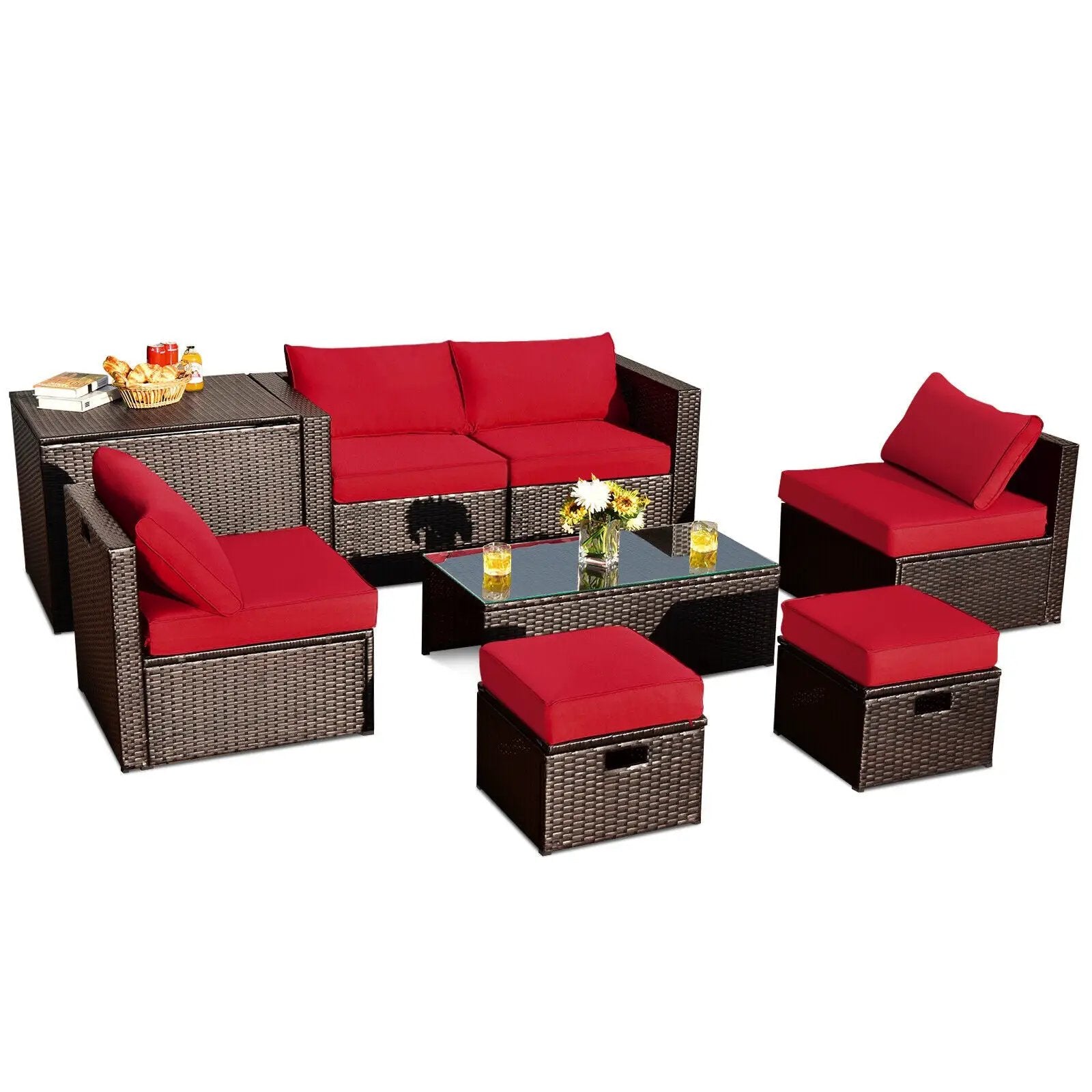 8 Pieces Patio Space-Saving Rattan Furniture Set with Storage Box and Waterproof Cover-Gray by DirectDeals