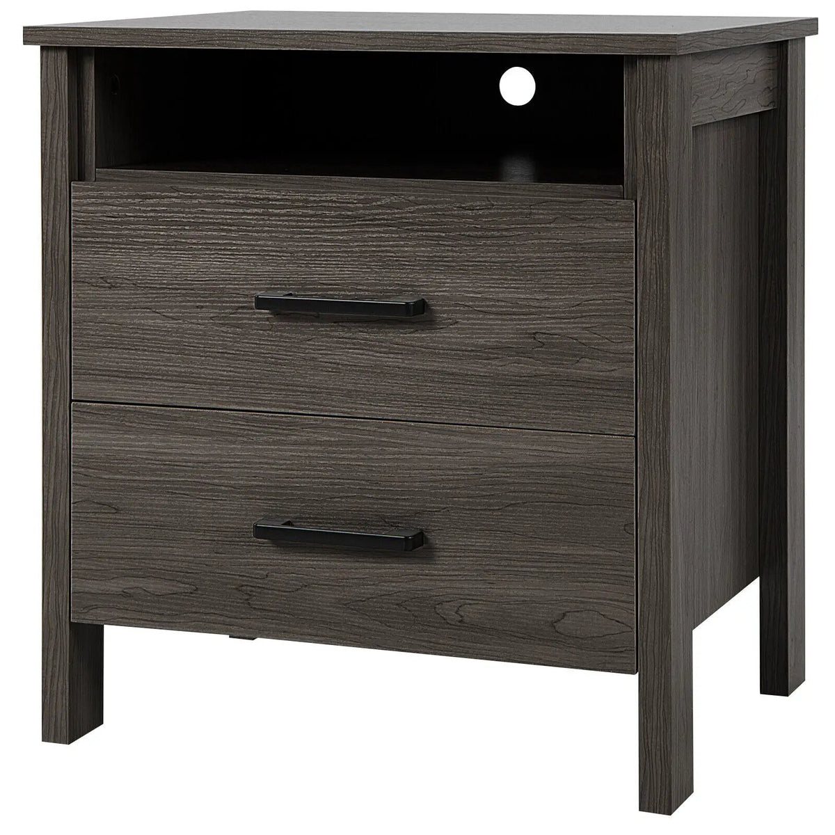 Modern Wood Grain Nightstand with Cable Hole and Open Compartment, photo 7 of 16