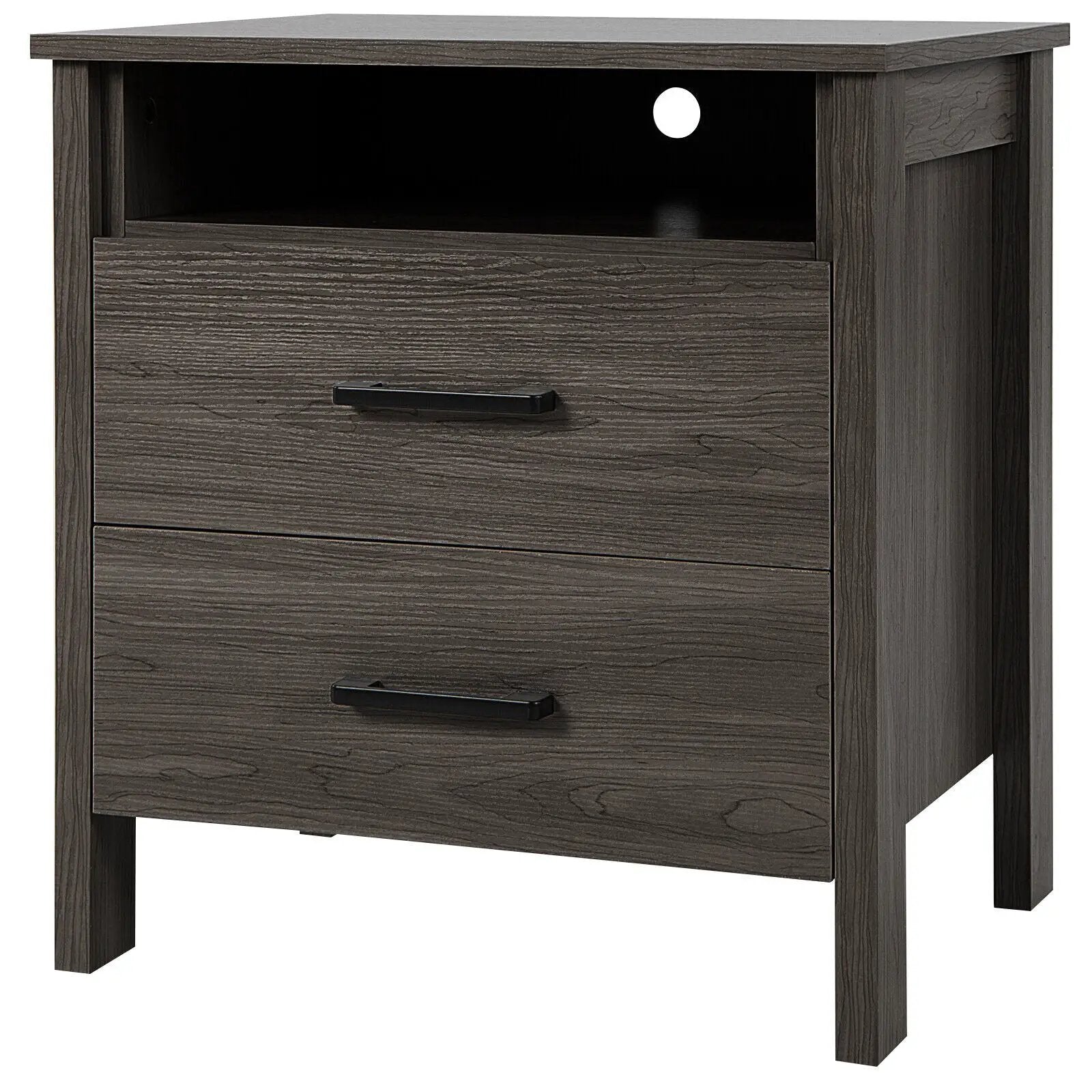 Modern Wood Grain Nightstand with Cable Hole and Open Compartment by DirectDeals