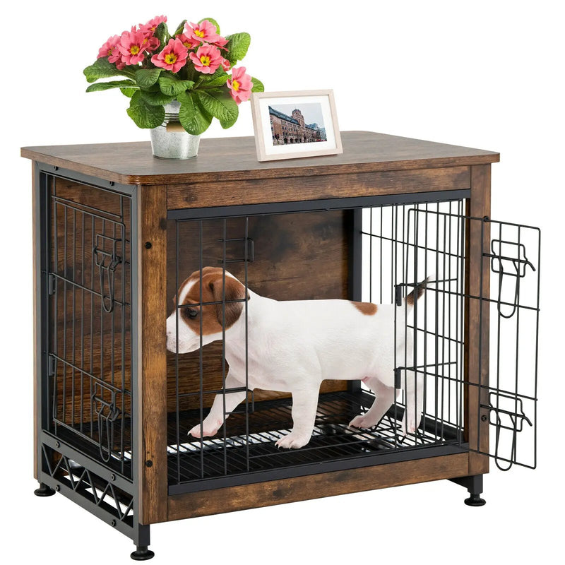 Wooden Dog Crate Furniture with Tray and Double Door-Brown by DirectDeals