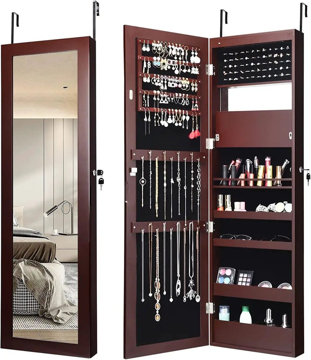 Lockable Wall Door Mounted Mirror Jewelry Cabinet w/LED Lights, photo 3 of 10
