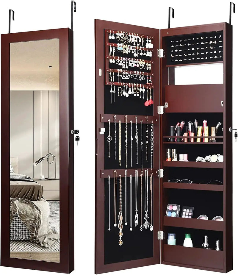 Lockable Wall Door Mounted Mirror Jewelry Cabinet w/LED Lights by DirectDeals