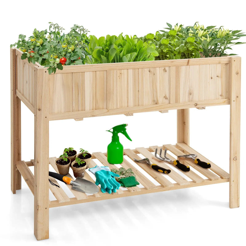 47 Inch Wooden Raised Garden Bed with Bottom Shelf and Bed Liner by DirectDeals