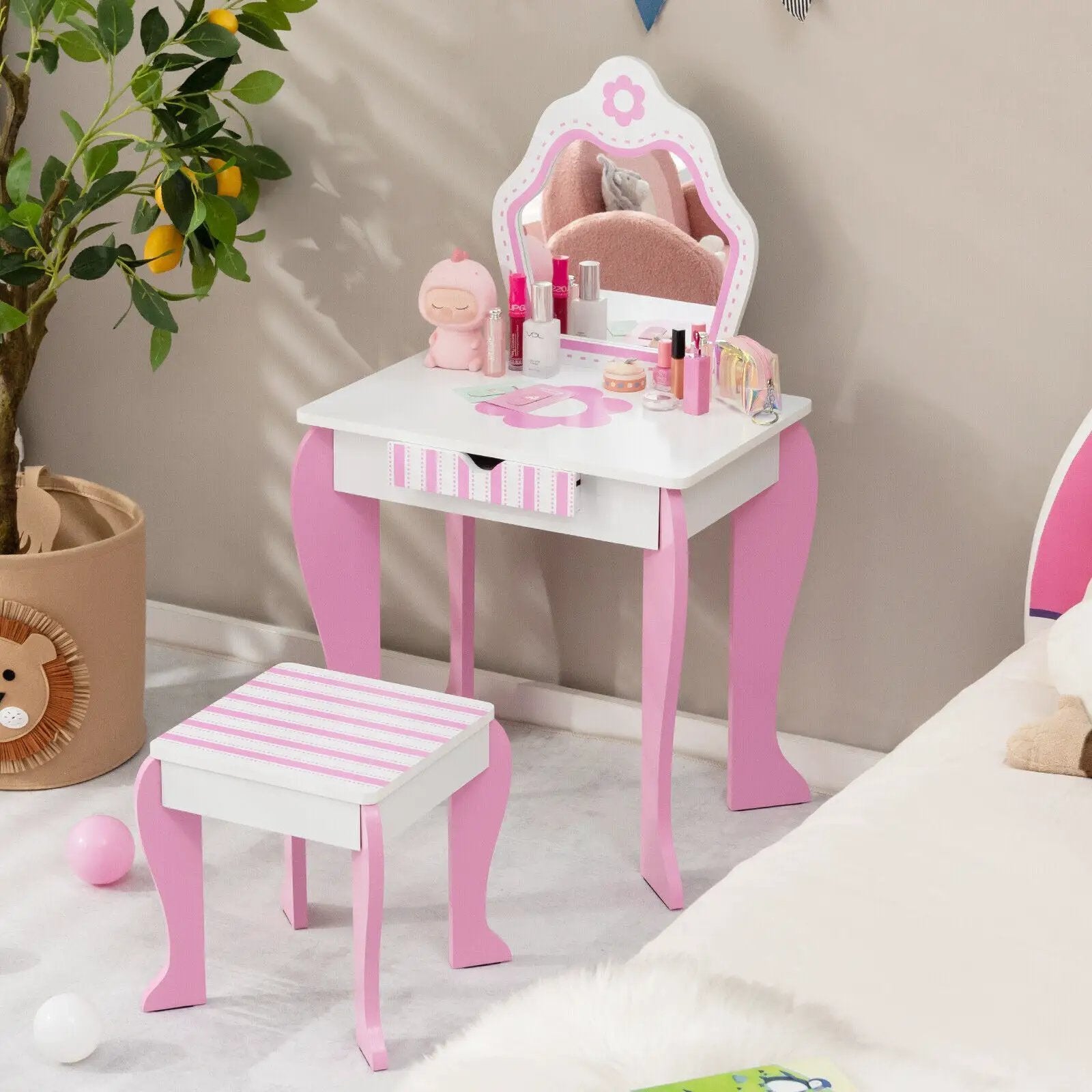 2-in-1 Toddler Vanity Set with Detachable Top & Cute Flower Patterns-White by DirectDeals