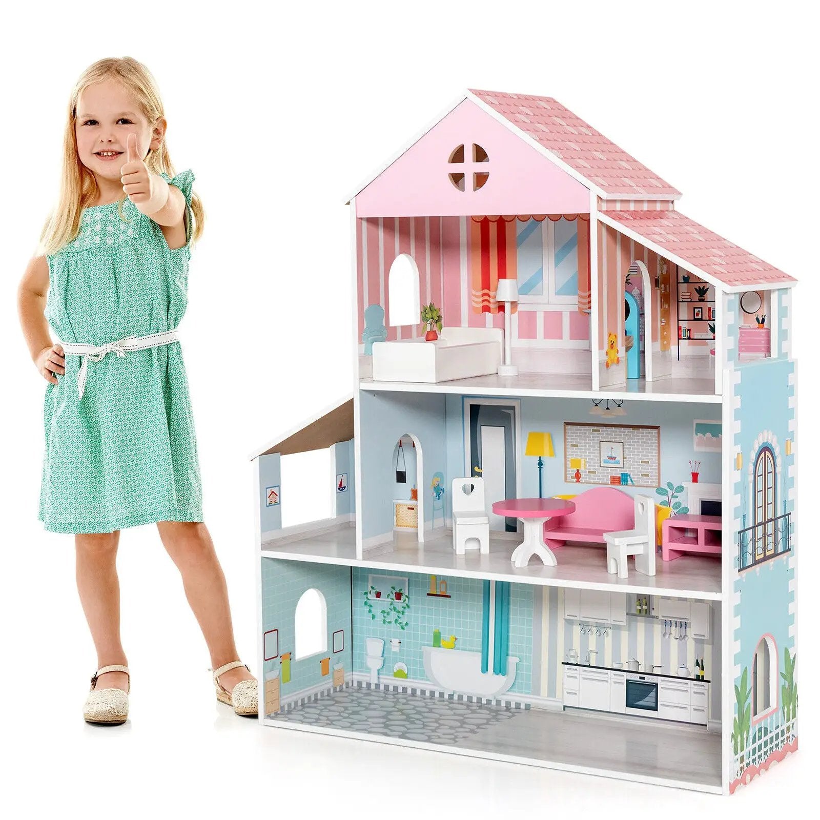 3-Tier Toddler Doll House with Furniture Gift for Age over 3 by DirectDeals