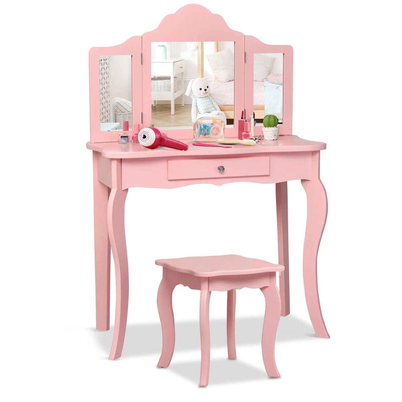 Kids Makeup Dressing Mirror Vanity Table Stool Set by DirectDeals
