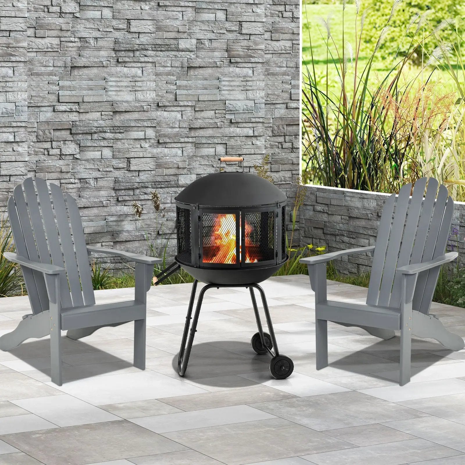 28 Inch Portable Fire Pit on Wheels with Log Grate-Black by DirectDeals