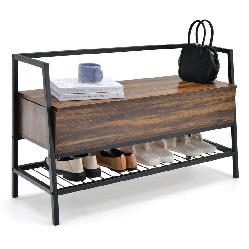 Industrial Shoe Bench with Storage Space and Metal Handrail-Rustic Brown by DirectDeals