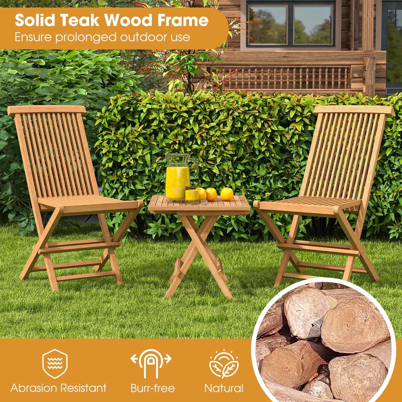 Set of 2 Indonesia Teak Patio Folding Chairs with High Back and Slatted Seat by DirectDeals