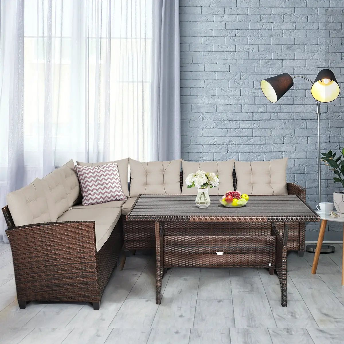 3 Pieces Hand-Woven Rattan Outdoor Sofa Set with Dining Table by DirectDeals