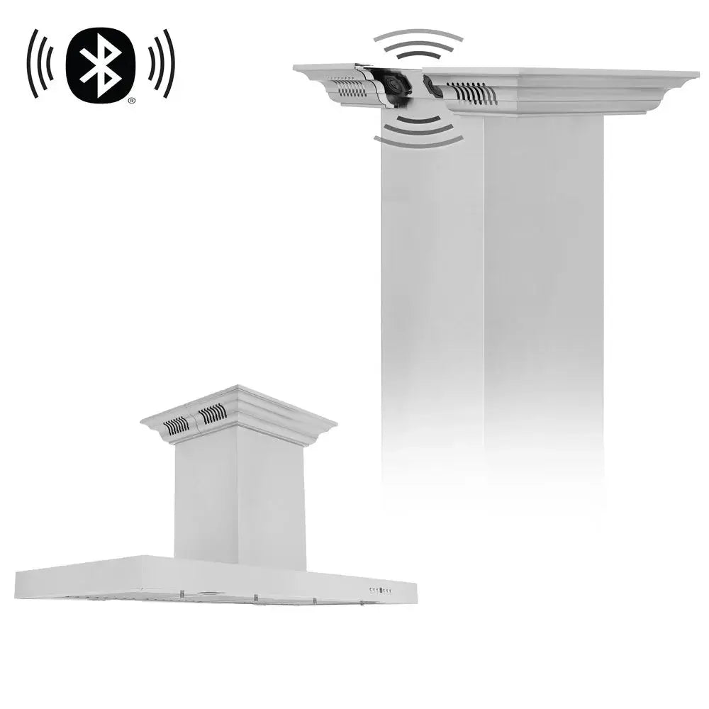 Zline Island Mount Range Hood in Stainless Steel with Built-in ZLINE CrownSound™ Bluetooth Speakers KE2iCRN-BT by Farmhouse Kitchen and Bath