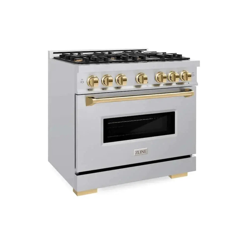 ZLINE 36" Dual Fuel Range, Gas Cooktop, Electric Convection Oven Stainless Steel, Gold CDRZ-36-G by Farmhouse Kitchen and Bath