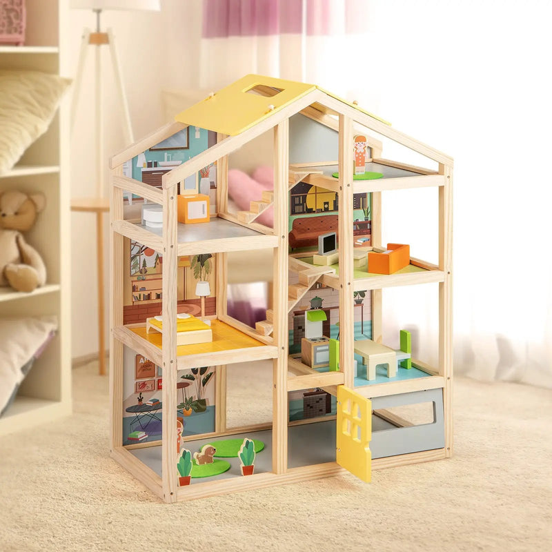 Wooden Dollhouse for Kids Modern Family Pretend Playhouse with Furniture Pieces and Figures-Natural by DirectDeals