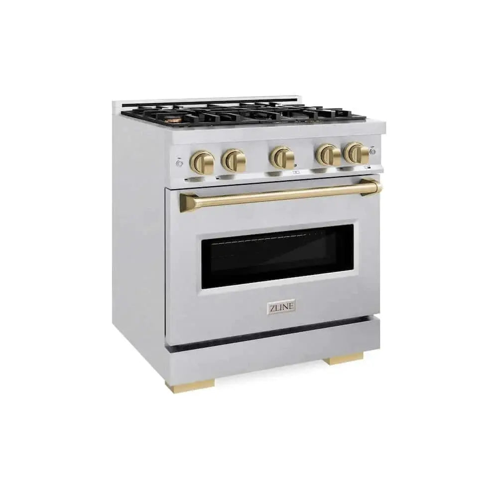 ZLINE 30" Dual Fuel Range, Gas Cooktop, Electric Convection Oven DuraSnow® Stainless Steel, Champagne Bronze CDRSZ-30-CB by Farmhouse Kitchen and Bath