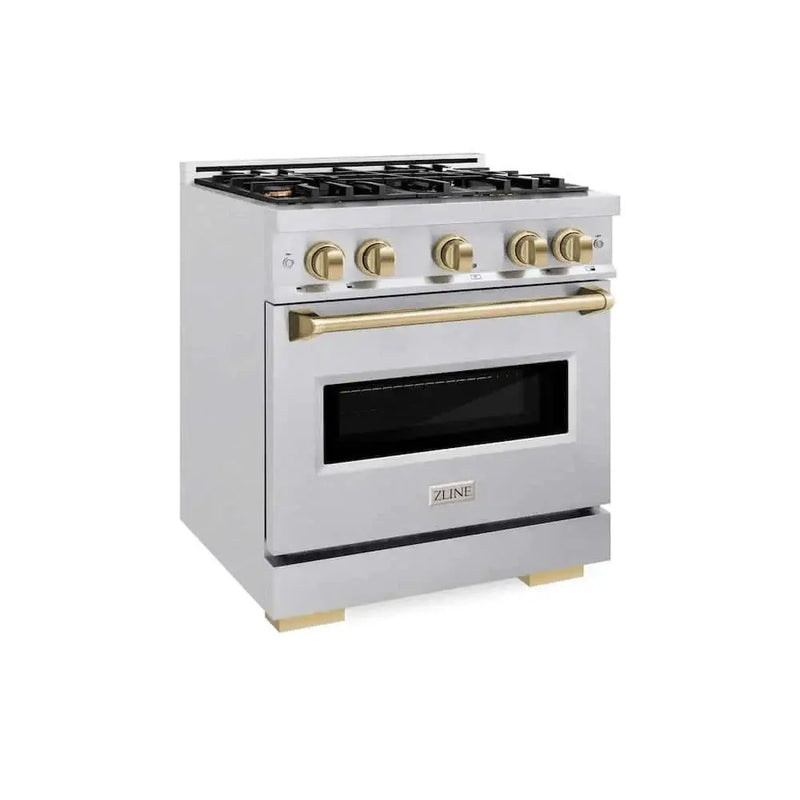 ZLINE 30" Dual Fuel Range, Gas Cooktop, Electric Convection Oven DuraSnow® Stainless Steel, Champagne Bronze CDRSZ-30-CB by Farmhouse Kitchen and Bath