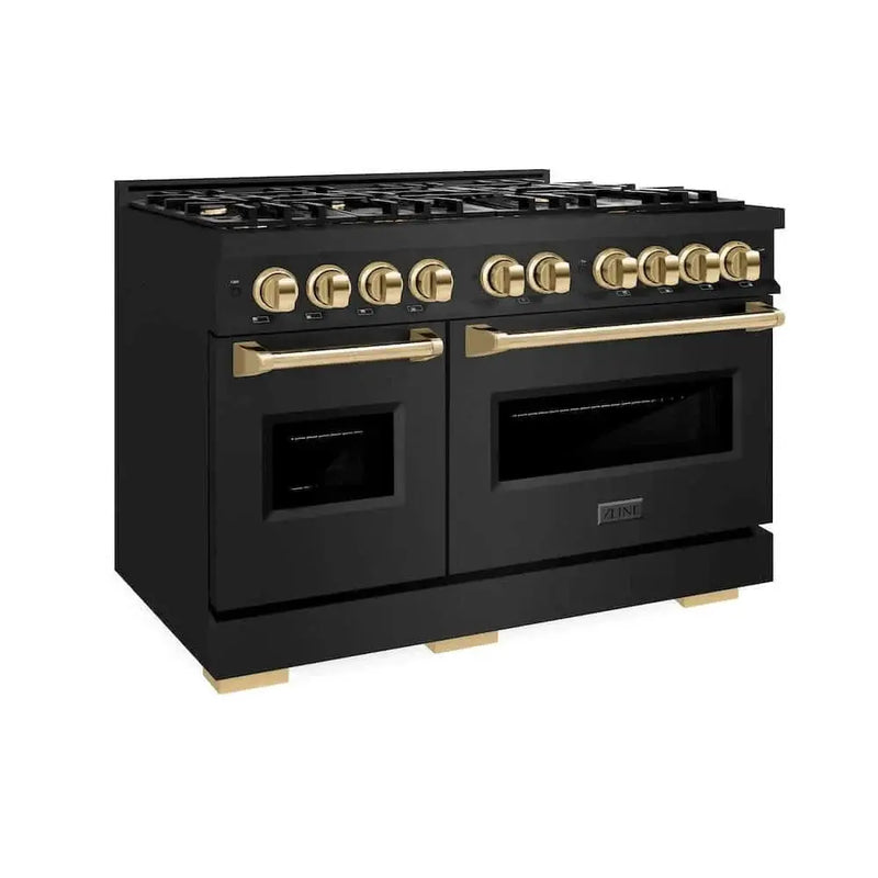 ZLINE 48" Classic Gas Range, Convection Gas Oven Black Stainless Steel, Gold CGRBZ-48-G by Farmhouse Kitchen and Bath