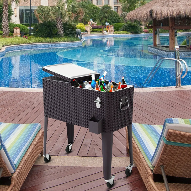 80QT Outdoor Party Portable Rattan Rolling Cooler Cart by DirectDeals