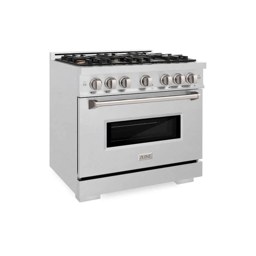 ZLINE 36" Classic Gas Range, Convection Gas Oven DuraSnow® Stainless Steel, Brass Burners CGRS-BR-36 by Farmhouse Kitchen and Bath