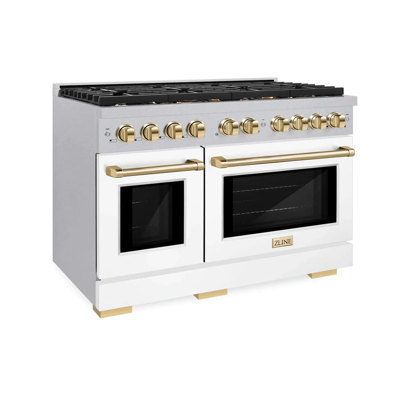 ZLINE 48"Paramount Dual Fuel Range DuraSnow® White Matte, Gold SDRSZ-WM-48-G by Farmhouse Kitchen and Bath