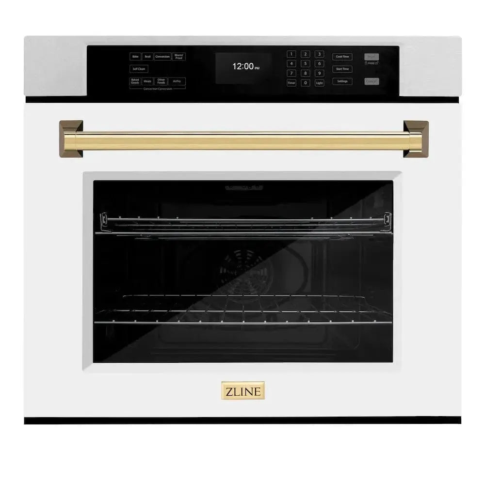 ZLINE 30"Professional True Convection Single Wall Oven, Air Fry, Self Clean, DuraSnow® White Matte, Gold WASSZ-WM-30-G by Farmhouse Kitchen and Bath