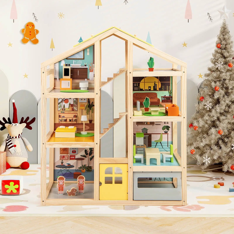 Wooden Dollhouse for Kids Modern Family Pretend Playhouse with Furniture Pieces and Figures-Natural by DirectDeals
