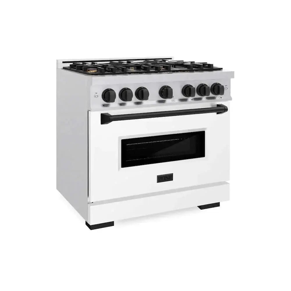 ZLINE 36" Dual Fuel Range, Gas Cooktop, Electric Convection Oven DuraSnow® Stainless Steel, White Matte Door Matte Black CDRSZ-WM-36-MB by Farmhouse Kitchen and Bath