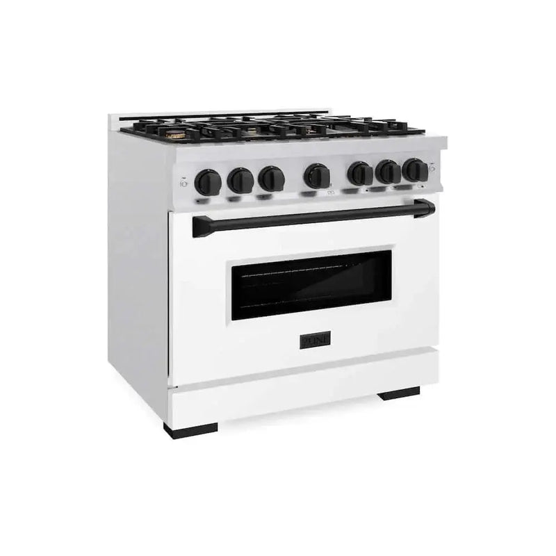 ZLINE 36" Dual Fuel Range, Gas Cooktop, Electric Convection Oven DuraSnow® Stainless Steel, White Matte Door Matte Black CDRSZ-WM-36-MB by Farmhouse Kitchen and Bath