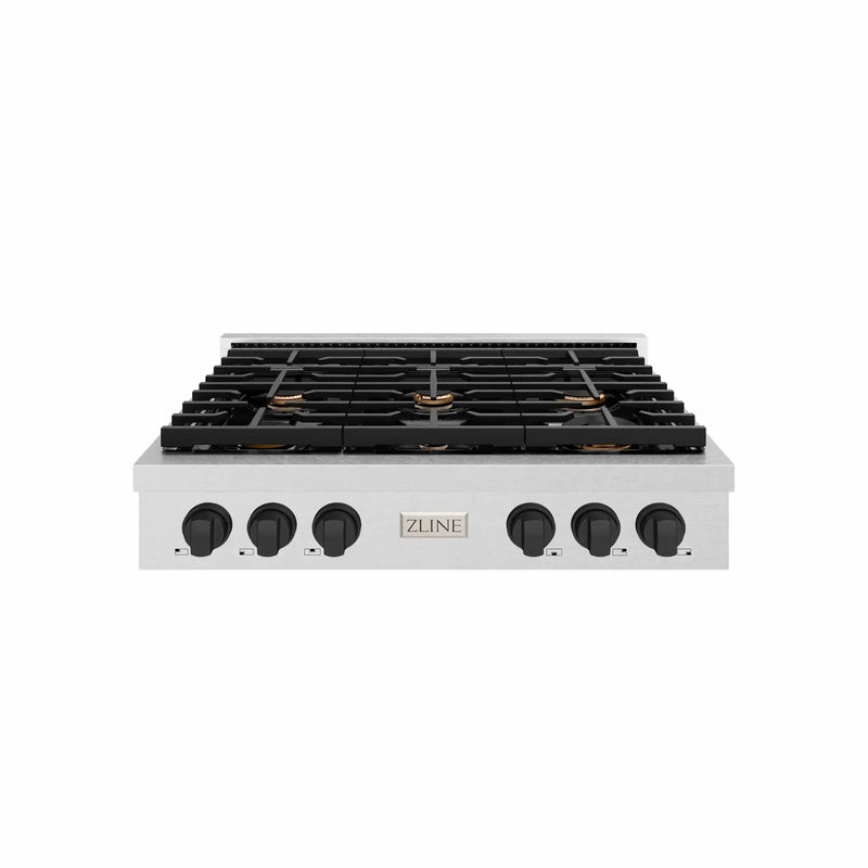 ZLINE 36" Paramount Gas Rangetop DuraSnow® Stainless Steel Matte Black SRTSZ-36-MB by Farmhouse Kitchen and Bath