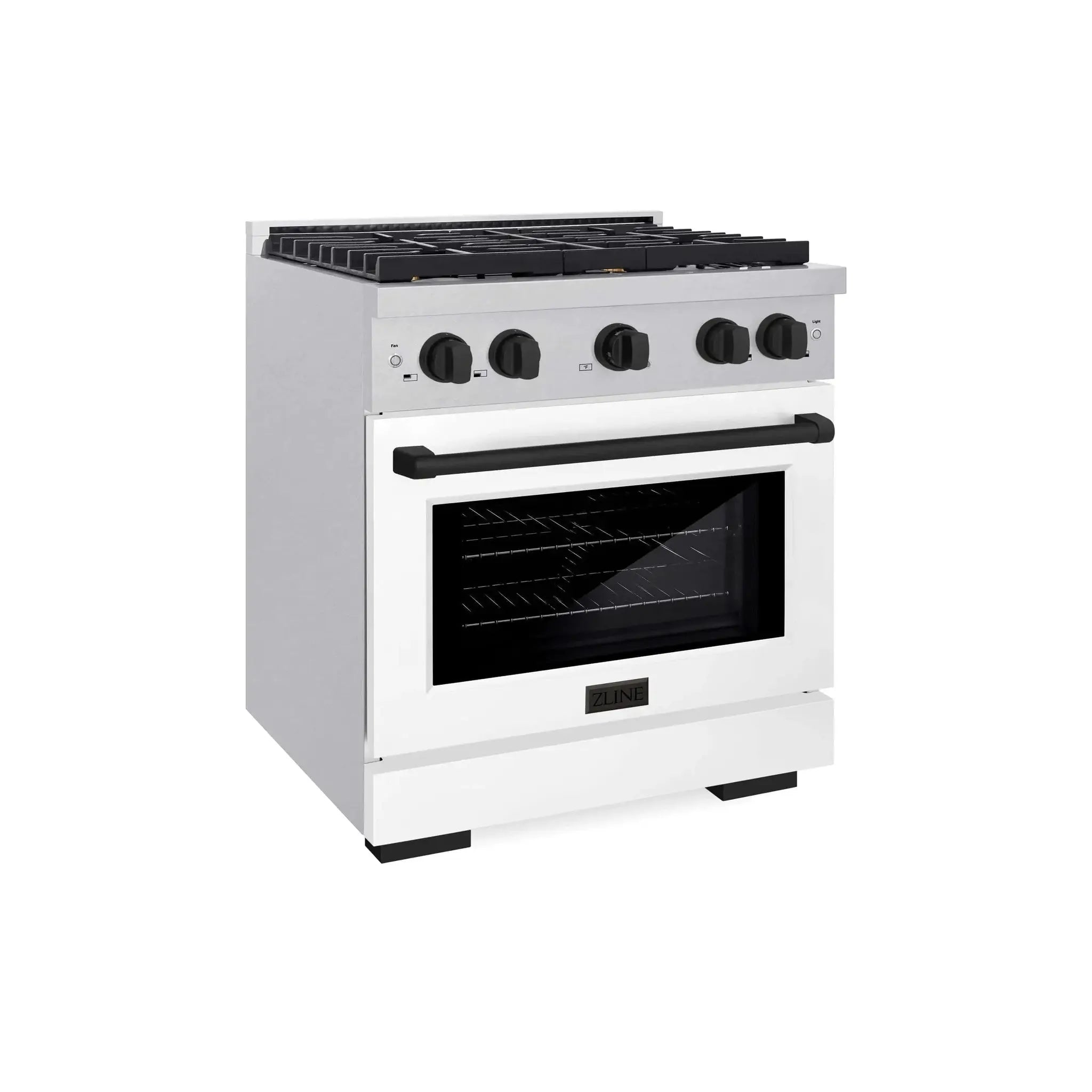 ZLINE 30"Paramount Dual Fuel Range DuraSnow® White Matte, Matte Black SDRSZ-WM-30-MB by Farmhouse Kitchen and Bath