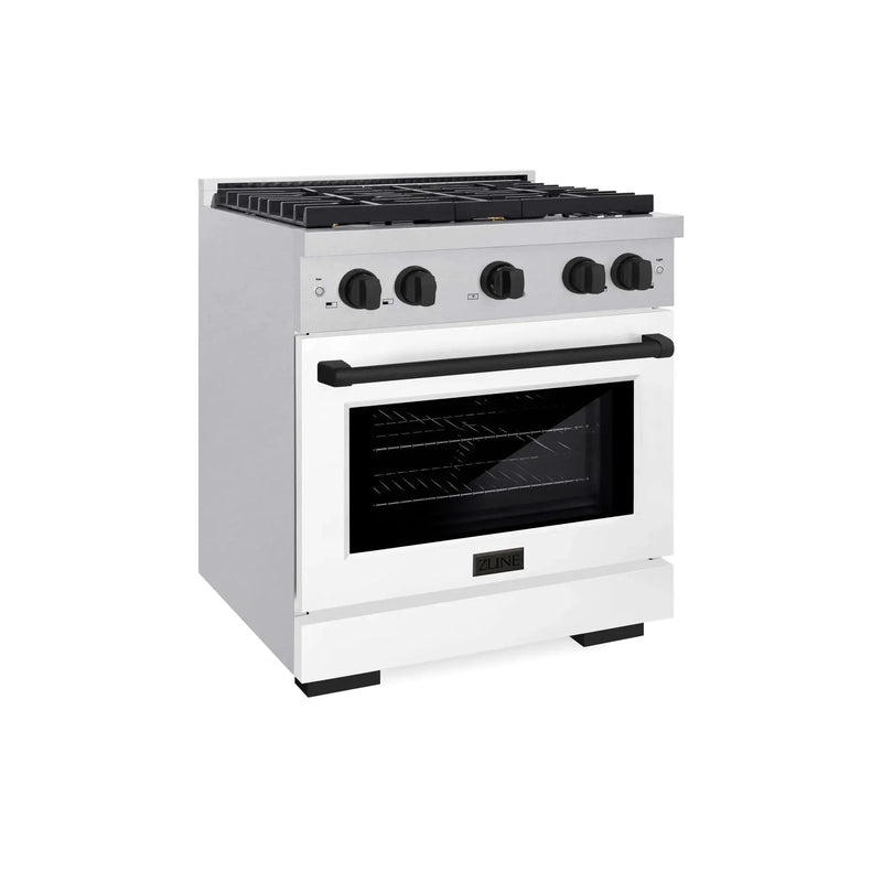 ZLINE 30"Paramount Dual Fuel Range DuraSnow® White Matte, Matte Black SDRSZ-WM-30-MB by Farmhouse Kitchen and Bath