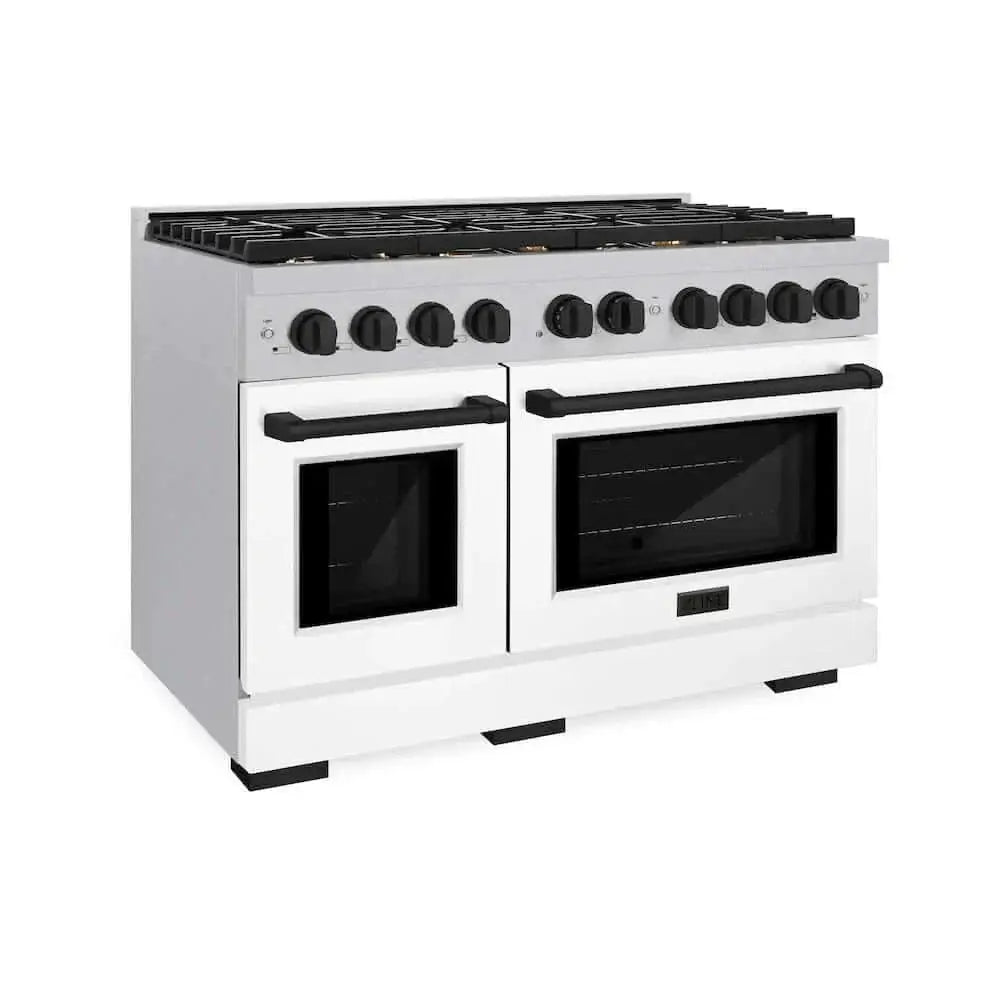 ZLINE 48"Gas Range, Convection Gas Oven, DuraSnow® White Matte, Matte Black SGRSZ-WM-48-MB by Farmhouse Kitchen and Bath