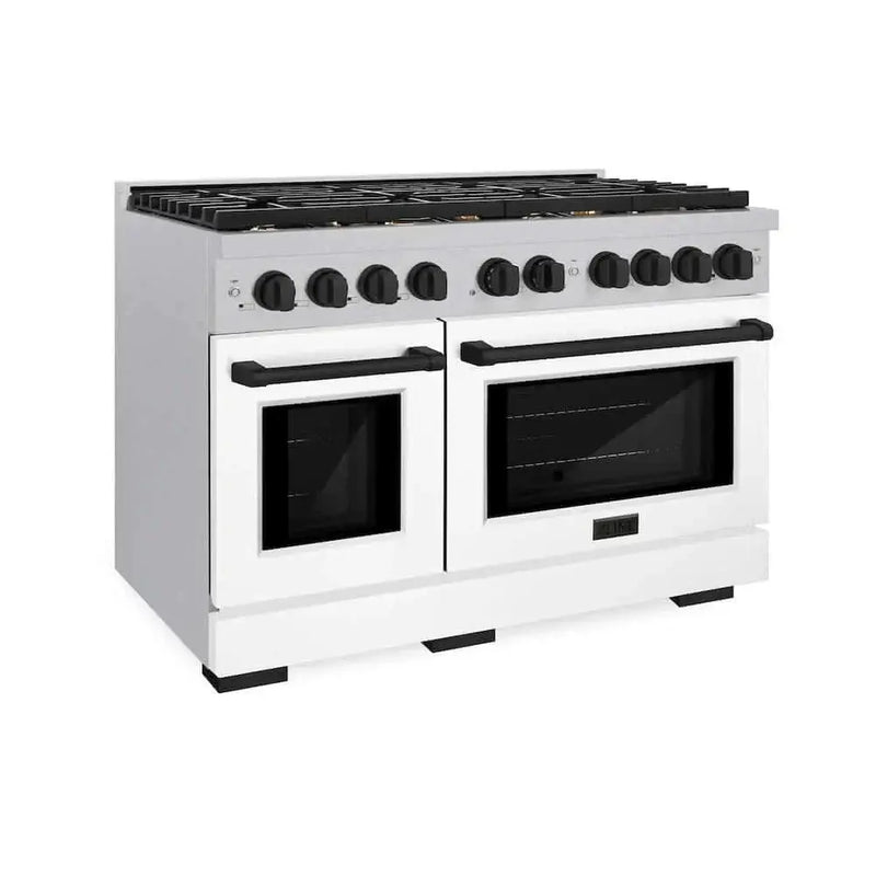 ZLINE 48"Gas Range, Convection Gas Oven, DuraSnow® White Matte, Matte Black SGRSZ-WM-48-MB by Farmhouse Kitchen and Bath