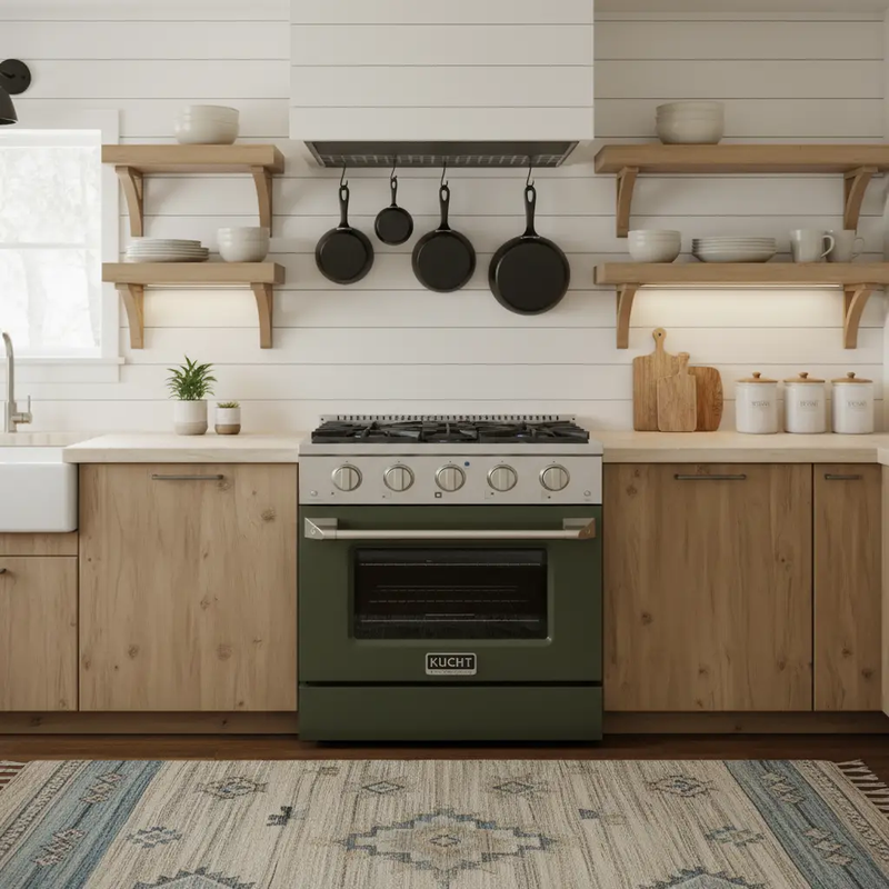 Kucht 30" Gas Range in Stainless Steel with Olive Green Oven Door, KNG301-OG by Farmhouse Kitchen and Bath