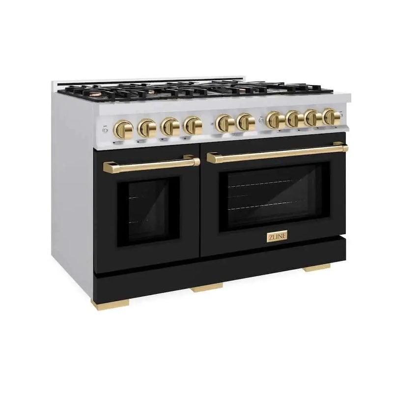 ZLINE 48" Select Dual Fuel Range Gas Cooktop Electric Convection Oven Stainless Steel Black Matte Doors Gold HDRZ-BLM-48-G by Farmhouse Kitchen and Bath