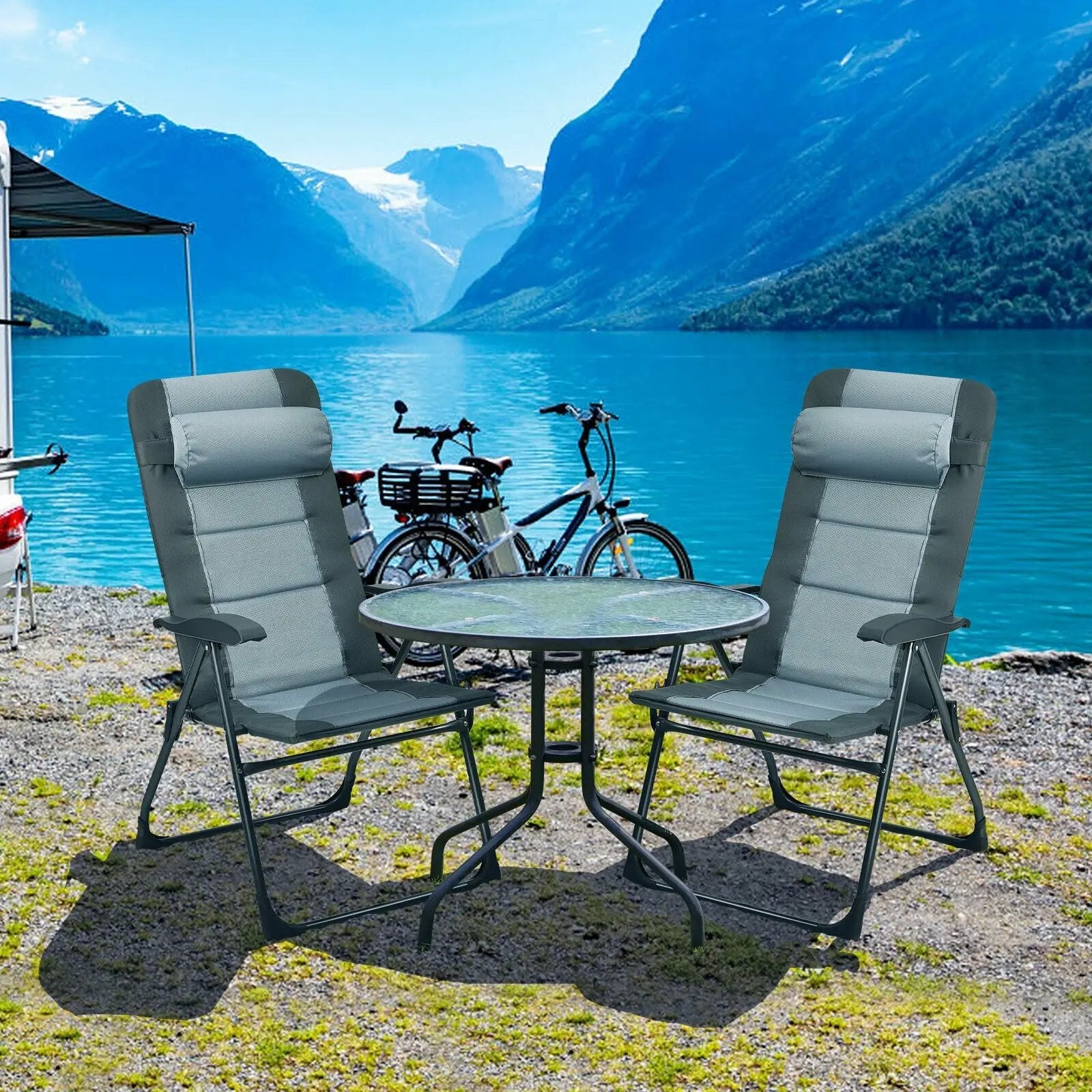 Set of 2 Patiojoy Patio Folding Dining Chair with Ottoman Set Recliner Adjustable-Gray by DirectDeals