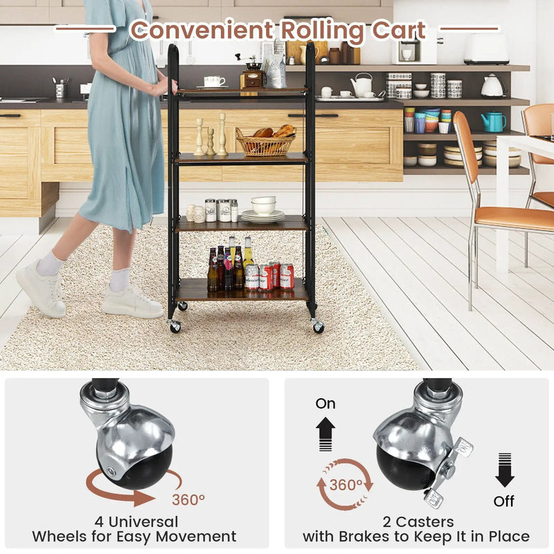 Foldable Rolling Cart with Storage Shelves for Kitchen-4-Tier by DirectDeals