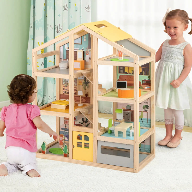 Wooden Dollhouse for Kids Modern Family Pretend Playhouse with Furniture Pieces and Figures-Natural by DirectDeals