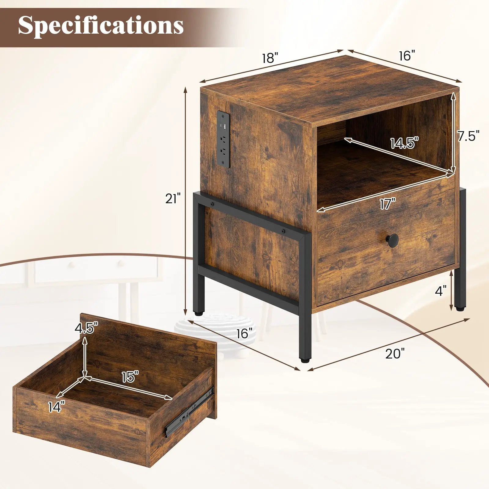 Nightstand with Charging Station and Drawer Sofa Side Table-Rustic Brown by DirectDeals
