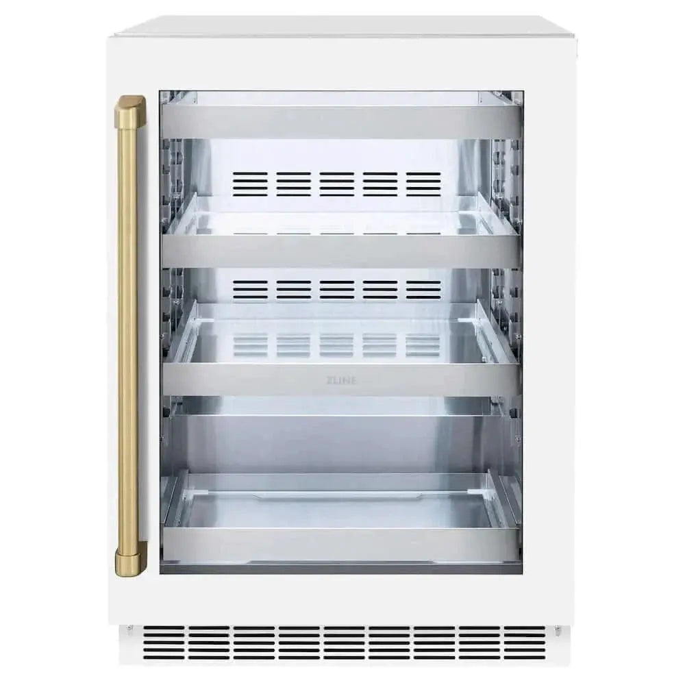 ZLINE 24" Touchstone 151 Can Beverage Fridge White Matte Glass Door Champagne Bronze Handle RBSOZ-WM-24-CB by Farmhouse Kitchen and Bath