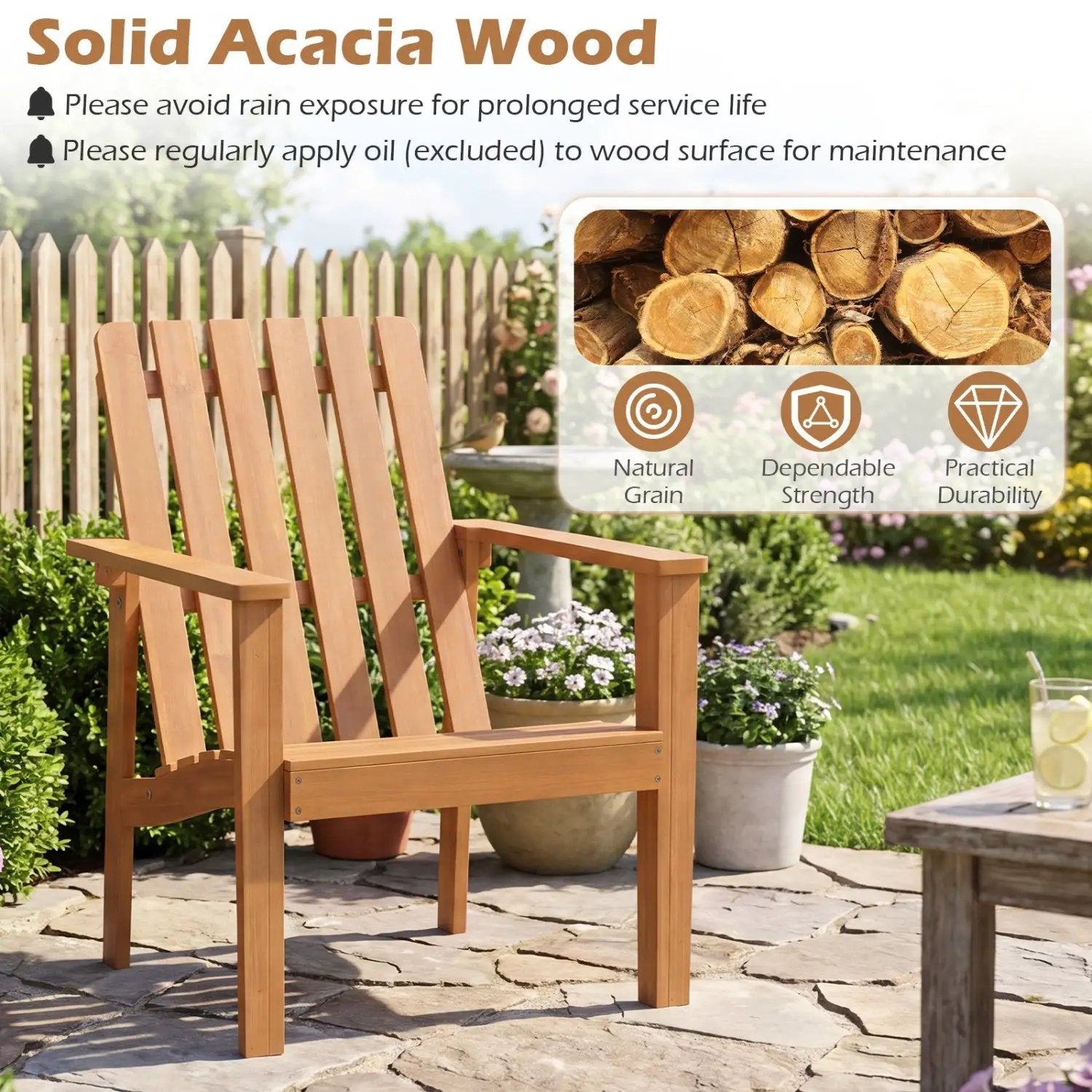 Acacia Wood Patio Dining Chair with Curved Seat & Armrests by DirectDeals
