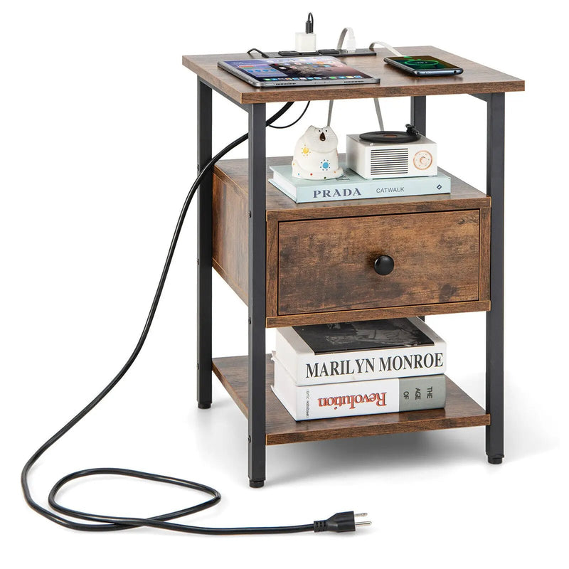 1/2 Pieces 3-Tier Nightstand with Charging Station and Drawer by DirectDeals