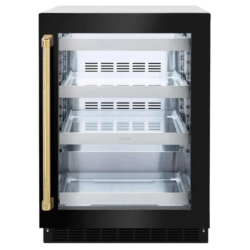 ZLINE 24" Touchstone 151 Can Beverage Fridge Black Stainless Steel Glass Door Gold Handle RBSOZ-BS-24-G by Farmhouse Kitchen and Bath