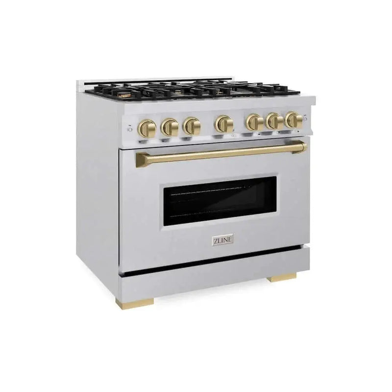 ZLINE 36" Dual Fuel Range, Gas Cooktop, Electric Convection Oven DuraSnow® Stainless Steel, Champagne Bronze CDRSZ-36-CB by Farmhouse Kitchen and Bath