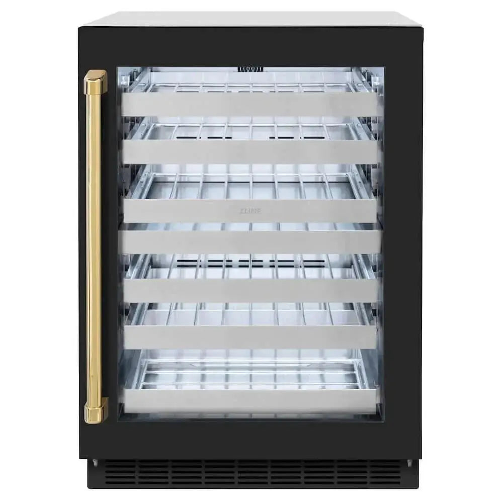 ZLINE 24" Touchstone Dual Zone 44 Bottle Wine Cooler Black Matte Glass Door Polished Gold Handle RWDOZ-BLM-24-G by Farmhouse Kitchen and Bath