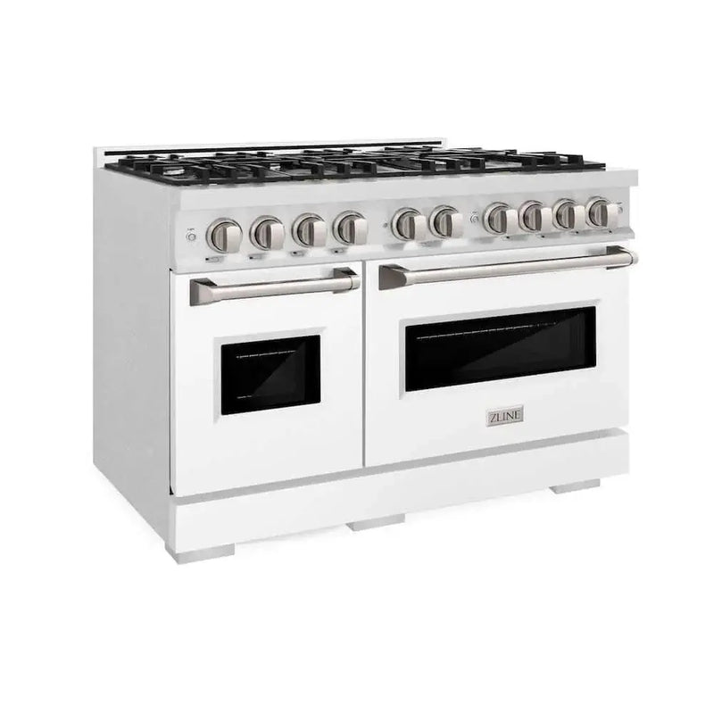 ZLINE 48"Classic Gas Range, Convection Gas Oven, DuraSnow® Stainless Steel, White Matte Door CGRS-WM-48 by Farmhouse Kitchen and Bath